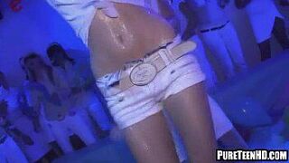 Three sexy teenage babes sucking cock at the club porn video